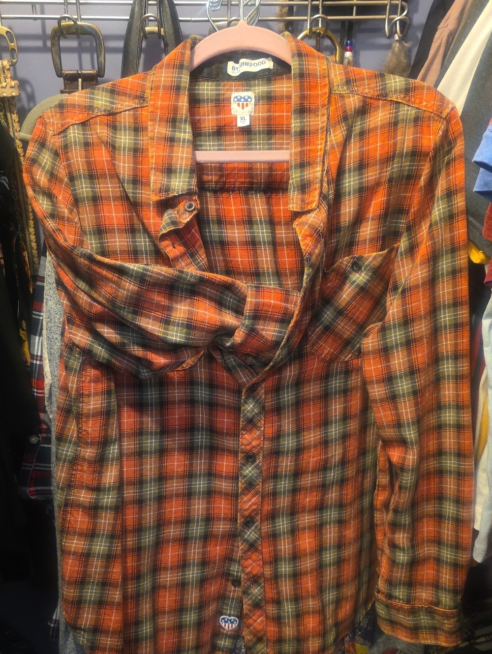 JUNK FOOD                         Coral and Olive Plaid Button-Up Shirt